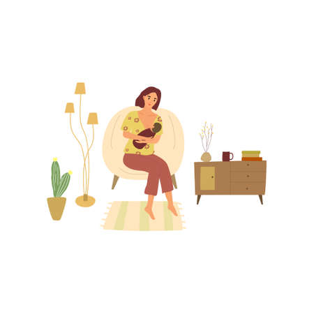 Picture of a mother who feeds her newborn baby. Background with the image of children's items.のイラスト素材