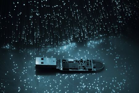 Fiber optics background with lots of blue light spotsの写真素材