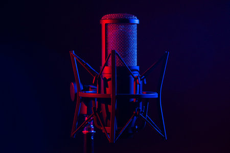 Recording studio microphone dark backgroundの写真素材