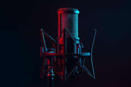 Recording studio microphone dark backgroundの写真素材