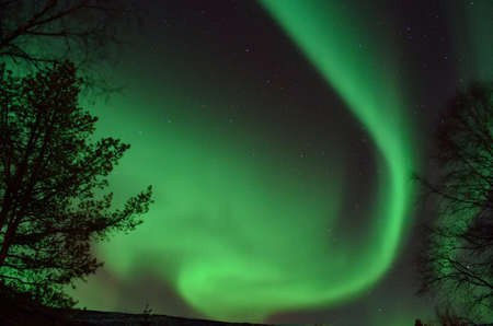 Strong, bright and vivid aurora borealis in the arctic winterの写真素材
