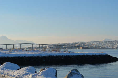 bridge connecting tromsoe island to mainland and tromsoe city islandのeditorial素材