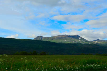 mountain with thawing snow with vibrant green field in frontの写真素材