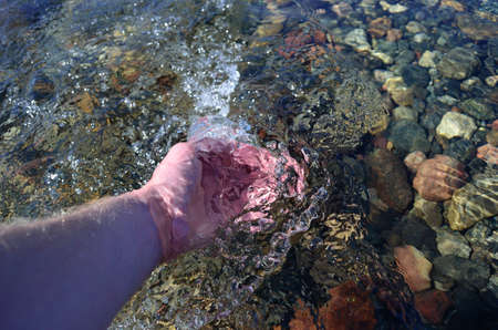 human hand and river waterの写真素材