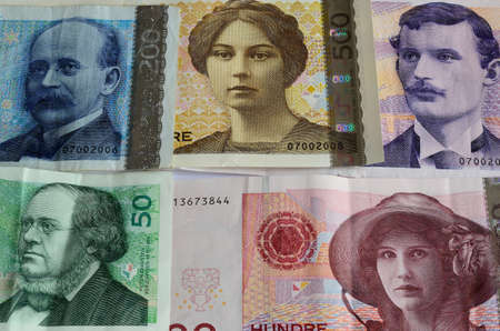 All Norwegian paper money currency from lowest to highest with focus on facesのeditorial素材