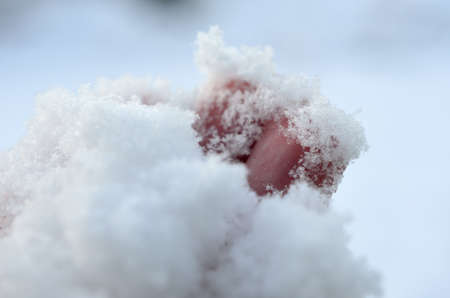 human hand and snow macro photoの写真素材