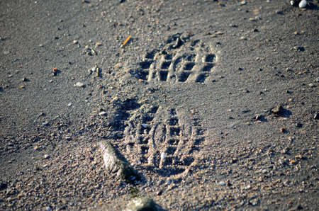 shoe print in sand by the sea shore on sunny dayの写真素材