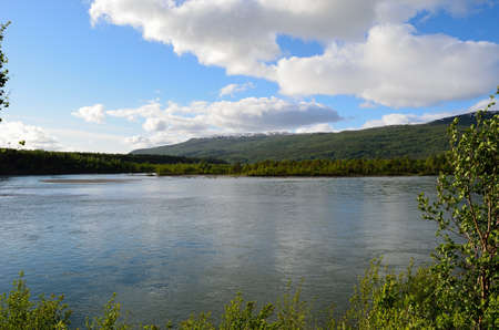 summer river and mountain landscapeの写真素材