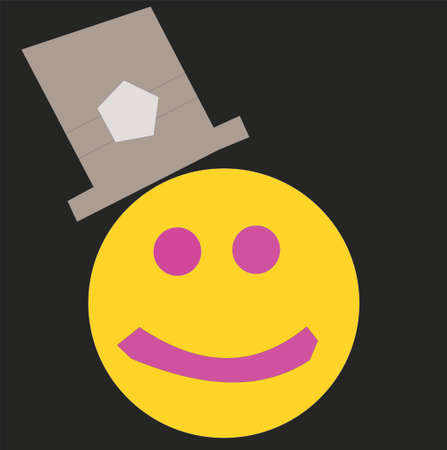 yellow smiley with grey top hat on black backgroundの写真素材