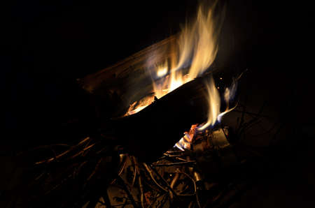 burning birch log fire in winter nature