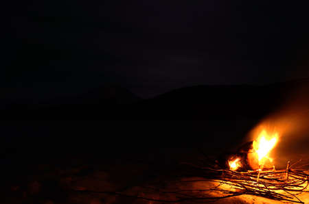 bright burning birch log fire in snowy winter nature at nightの写真素材