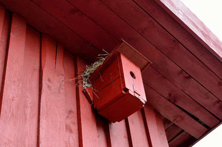 small red bird house with nest on top