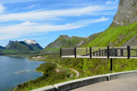 lookout point bridge with mountain and fjord landscape island of senja arctic circleの写真素材