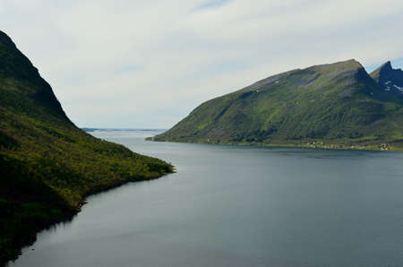 majestic fjord and mountain landscape panorama photo senja island summerの写真素材