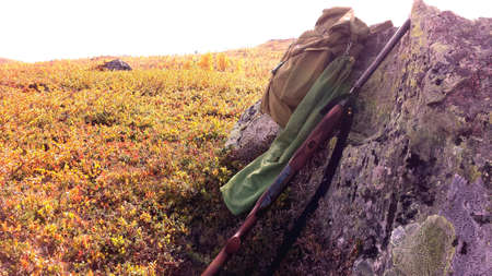 Grouse hunting on autumn mountain with sunshine backpack shotgun and grouse resting on boulderの素材