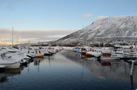 boats in marina covered in snowのeditorial素材