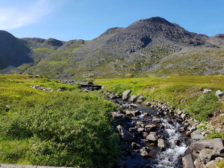 Majestic mountain creek and lush foliage landscape in summer, Honningsvaag on Mageroya