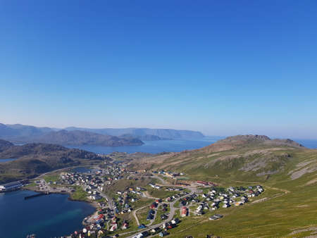 Overview photo of Honningsvaag on the island of MagerÃ¸ya on a sunny dayの写真素材