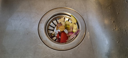 Vegetable scraps stuck in sink drainの写真素材
