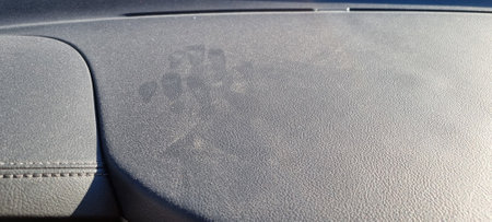 Car dashboard interior filled with pollen after sudden warm period, maintenance to avoid allergic reactionの写真素材