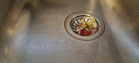 Vegetable scraps stuck in sink drainの写真素材