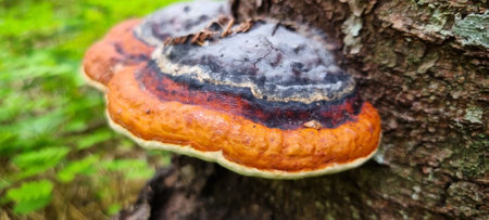 black and violet fungus on pine tree in summerの写真素材