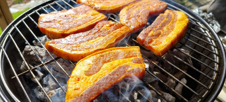Grilled slices on pork on coal grill in summerの写真素材
