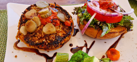vegetarian earthy burger in resturant, santorini greeceの写真素材
