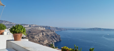 majestic view of Fira, santorini Greece, seen from hight above firaの写真素材