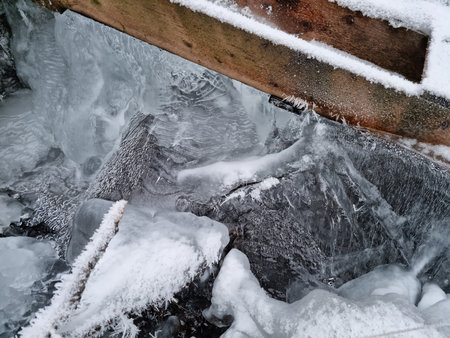 Frozen waterfall in winter, close-up. Winter landscape.の写真素材