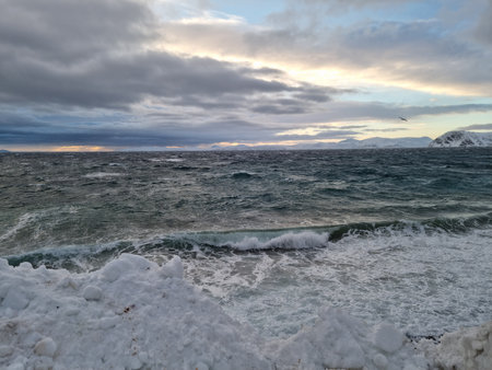 view of the coast of the sea closeup with strong violent wavesの写真素材