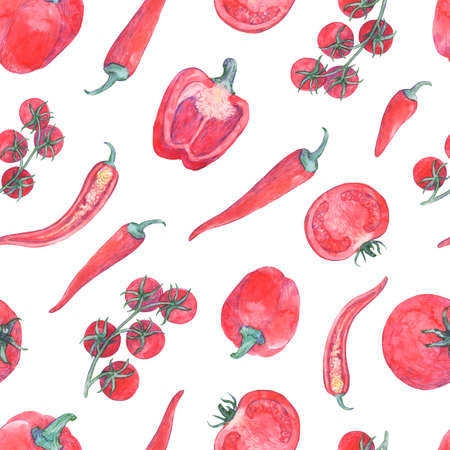 Seamless pattern of watercolor paprika, tomato, chilli pepper and cherry tomato.の写真素材