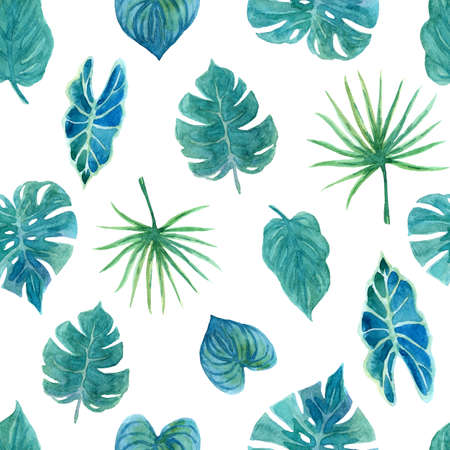 Seamless pattern with lush greenery of tropical plants. Hand painted background with bright watercolor elements perfect for fabric, textile or wallpaper.の写真素材