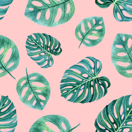 Hand-drawn endless watercolor pattern of tropical monstera leaves.