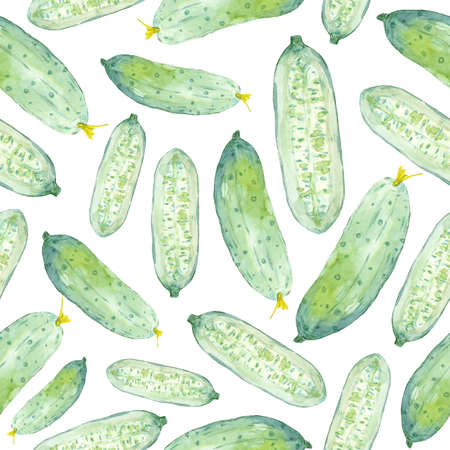 Endless pattern of watercolor sketch with fresh cucumber. Hand-drawn organic vegetables background perfect for food packaging design, kitchen textiles, menu decoration, food and cooking blogs.の写真素材