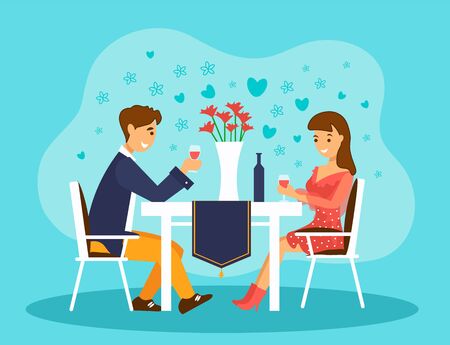 Loving couple on a date in a restaurant. Valentines day celebration or romantic dinner.のイラスト素材