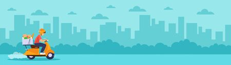 Young courier man riding on delivery scooter with food box. Panoramic banner with space for textのイラスト素材