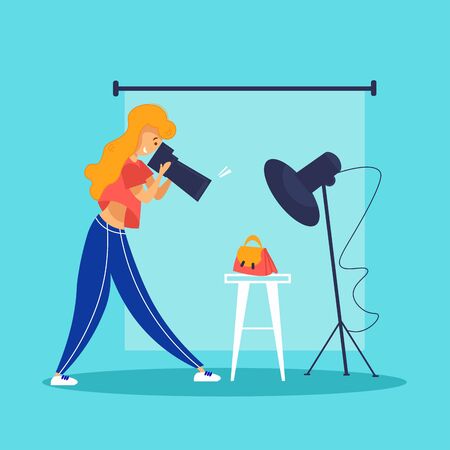 Woman photographer taking picture of fashionable female handbagのイラスト素材