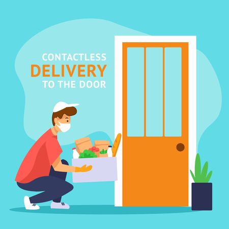 A courier in a medical mask delivers grocery order. Man leaves food box at the door. Safe deliveryのイラスト素材
