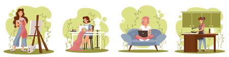 Set of girls doing hobby or relax at home: artist, seamstress, cook, girl with laptop.のイラスト素材