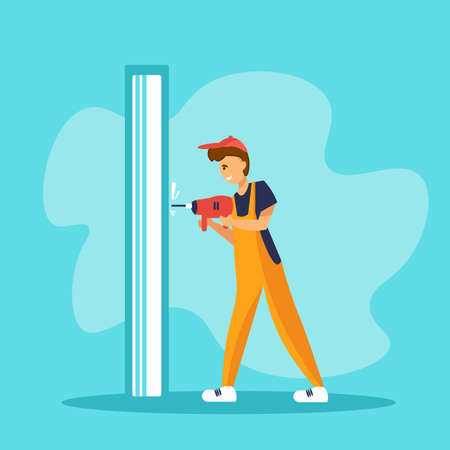 Smiling handyman holding drill. Man in orange uniform is drilling a wall.のイラスト素材