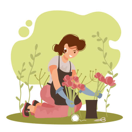 Cheerful florist woman makes a flower bouque. Happy girl enjoying her hobby draws up flower arrangements.のイラスト素材