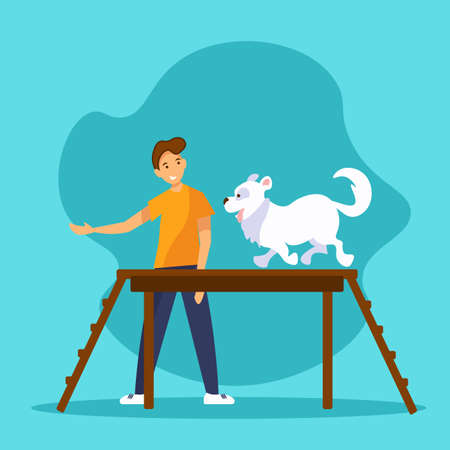 Smiling young man is training his dog. Funny pet walking on dog walk ramp in agility competition or training.のイラスト素材