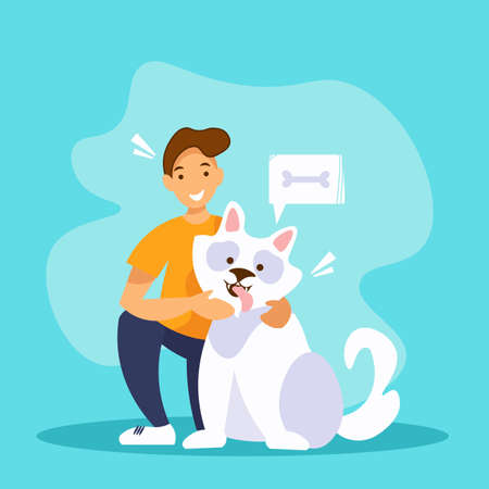 Young man hugging a white dog. Friendship concept. Caring for a four-footed friend. Vector illustration.のイラスト素材
