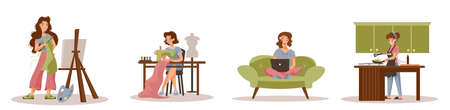 Collection of women doing their hobbies. Artist, seamstress, blogger, cook. White backgroundのイラスト素材