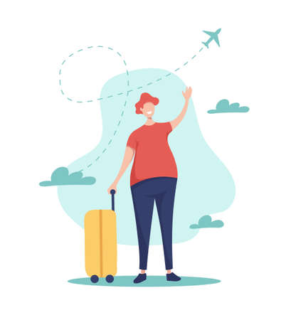 Traveler arrived at the airport. Man with a suitcase waves hand, shows the gesture of the greeting.のイラスト素材