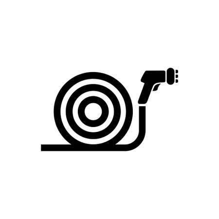 Garden Water Hose with Spray Gun Sprinkler. Flat Vector Icon illustration. Simple black symbol on white background. Garden Water Hose with Spray Gun sign design template for web and mobile UI elementのイラスト素材