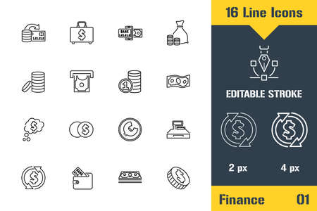 Business, Finance, Cash Icons set. Thin line icon - Outline flat vector illustration. Editable stroke pictogram.のイラスト素材