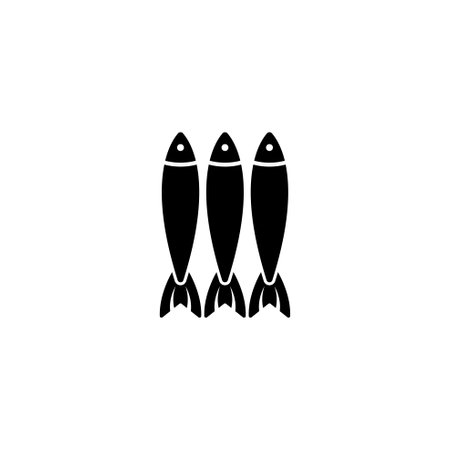 Sprats, Canned Fish, Sardines or Herring. Flat Vector Icon illustration. Simple black symbol on white background. Sprat Fish in Row, Sardines Tin Can sign design template for web and mobile UI elementのイラスト素材