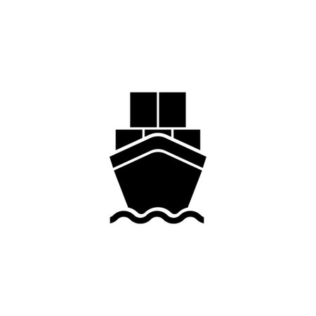 A simple black and white icon depicting a stylized ship or vessel with boxes, representing maritime transportation, logistics, and travel by sea. Vector icon for website design, logo, app, uiのイラスト素材